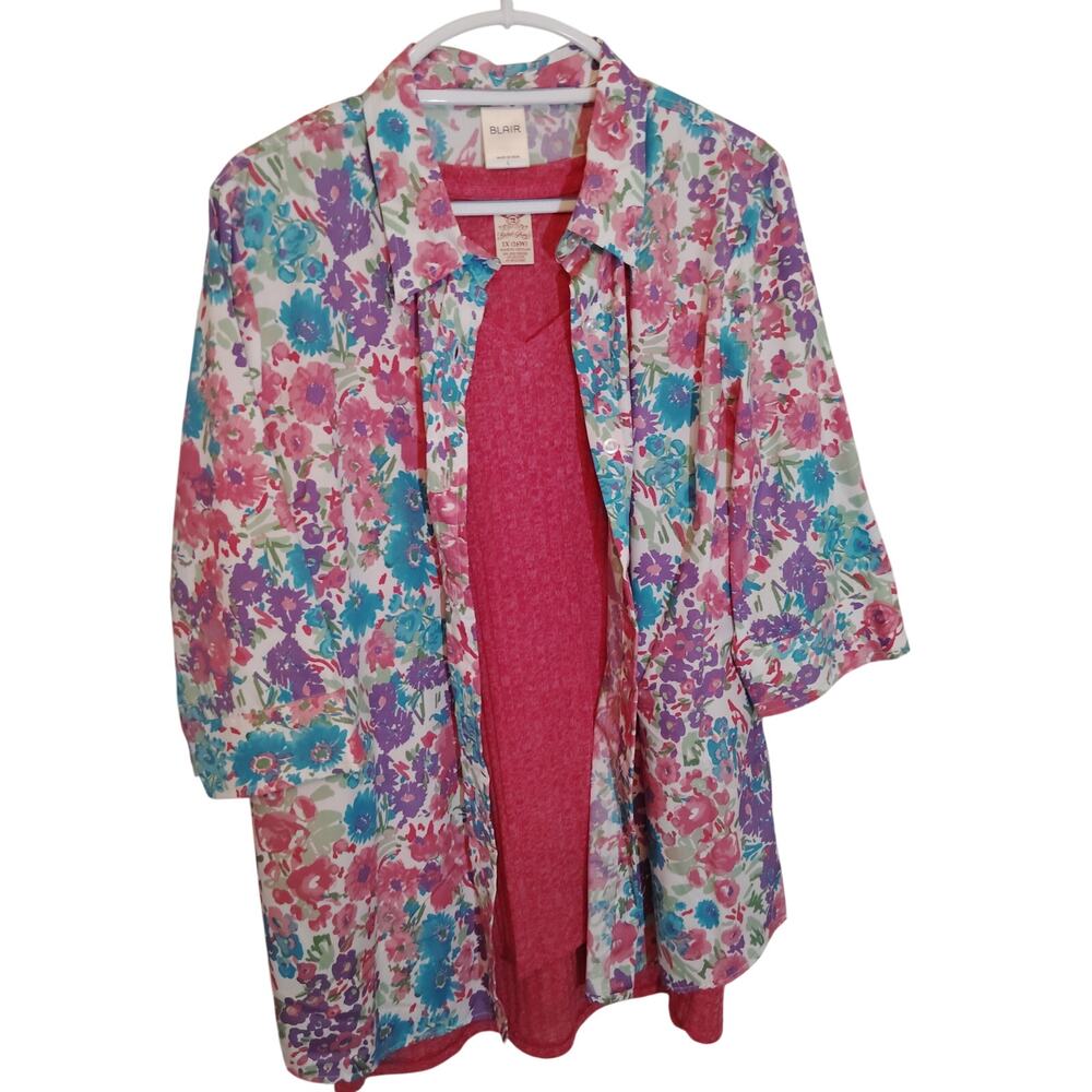 Blair Floral Button Down & Coral Ribbed Top Set Womens Large/1X Excellent Estate